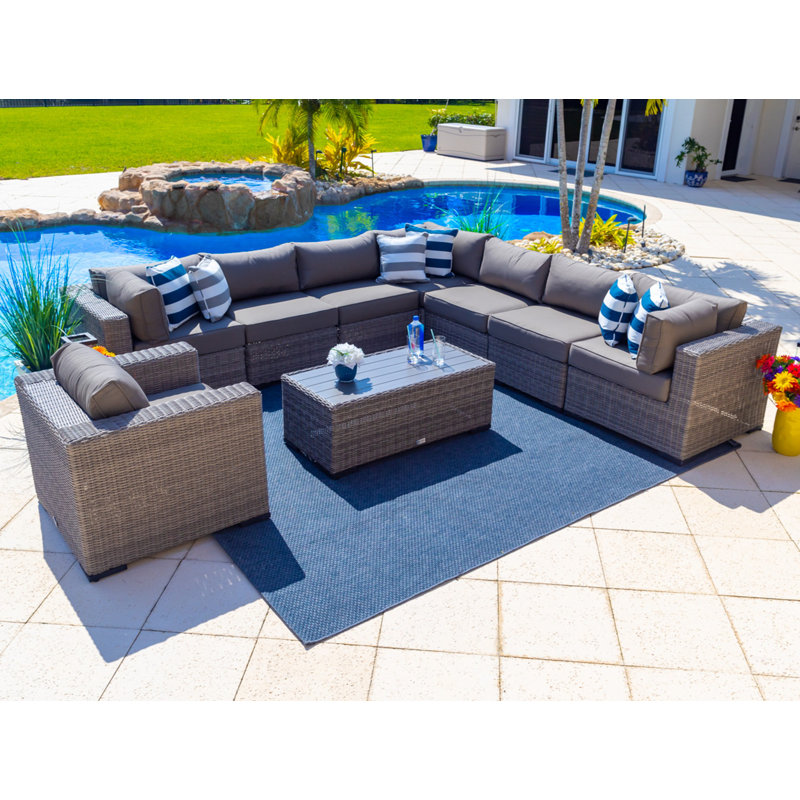 Ensemble de conversation en osier / rotin pour 7 personnes avec coussins Sunbrella Aleyza, Toile gris anthracite Sunbrella®