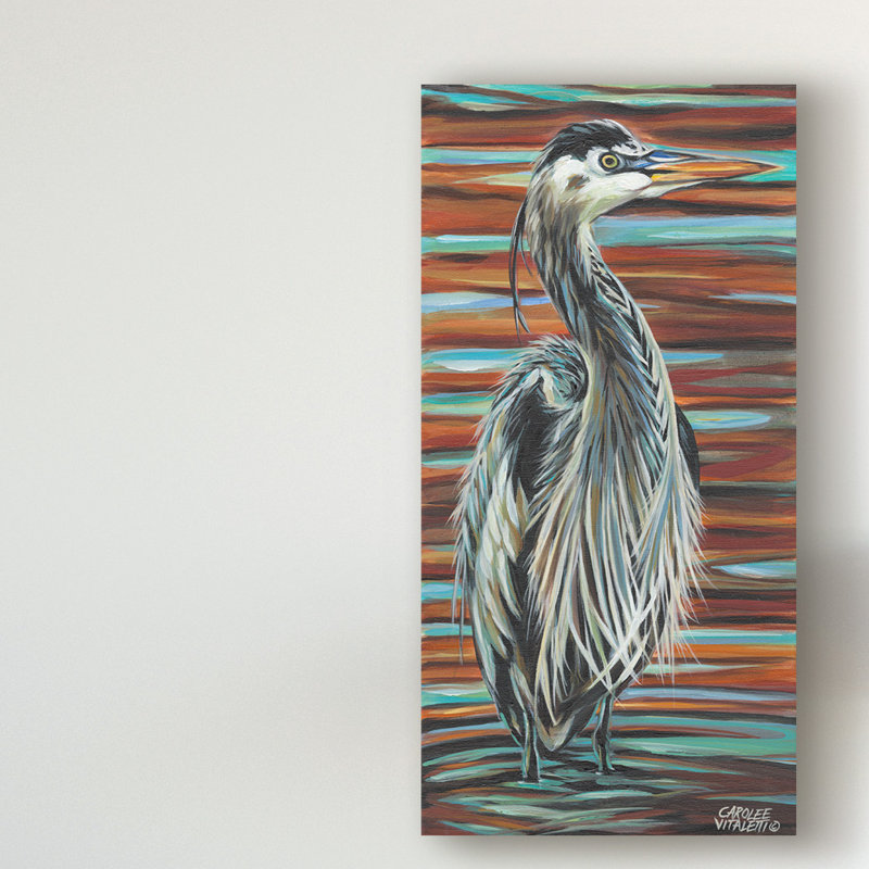 « watchful héron i », reproduction de peinture à l’acrylique sur toile tendue, H 32 po x l 16 po x P 2 po