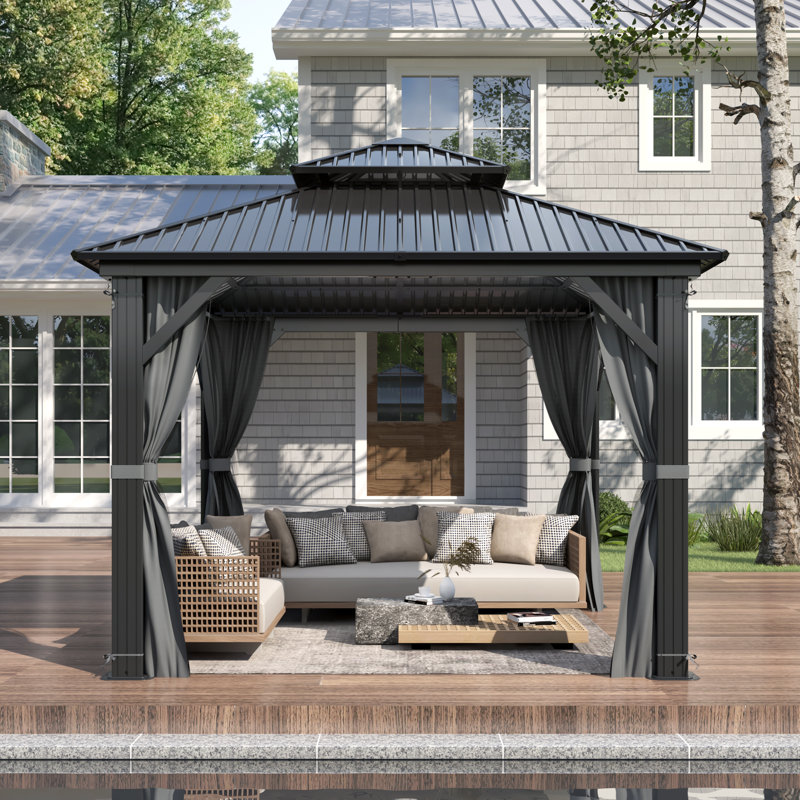 10 ft.W x 10 ft.D Outdoor Aluminum Patio Gazebo, Galvanized Steel Hardtop Gazebo with Privacy Curtain and Mosquito Nettings