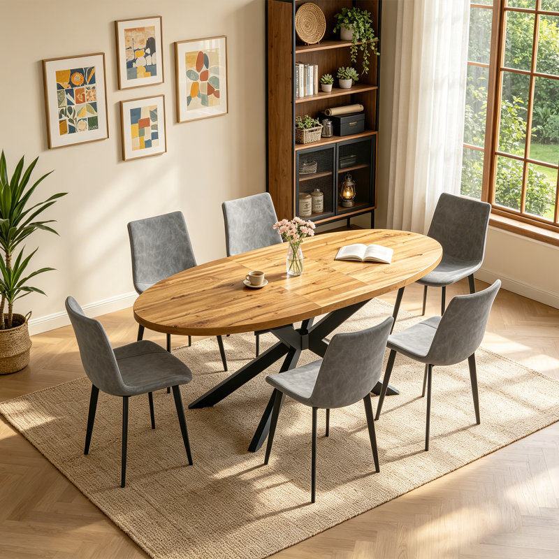 63.1"-78.8" Extendable Round Dining Table Set, 7-Piece Oval Kitchen Table with 6 Upholstered Dining Chairs , Dark Gray