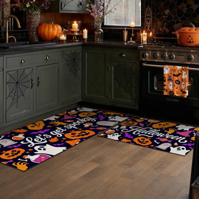 Tapis et tapis de cuisine SpookNest d'Halloween avec antidérapant pour la cuisine / le vestibule / la salle de lavage (ensemble de 2)