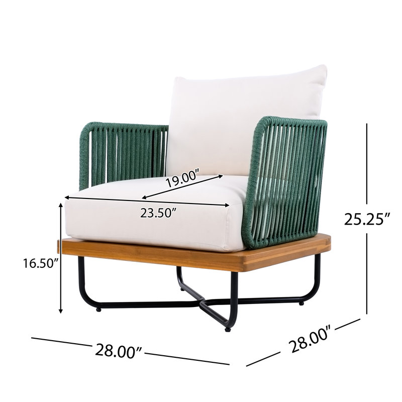Dominic Outdoor Acacia Wood Rope Woven Club Chairs, Green, Cream