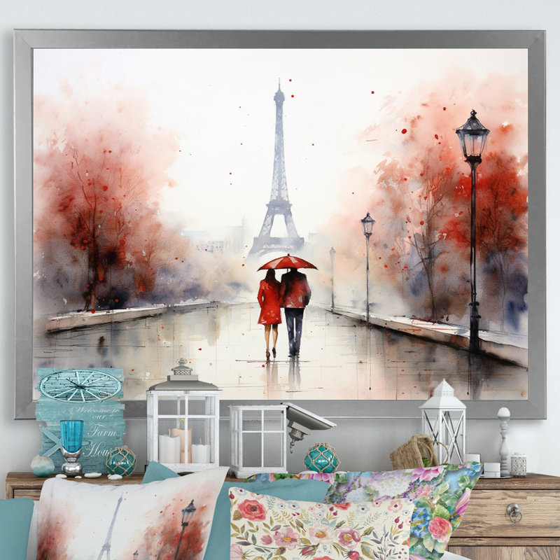 Amour à Paris, aquarelle rétro, Cadre simple argenté, H 34 po x l 44 po x P 1,5 po