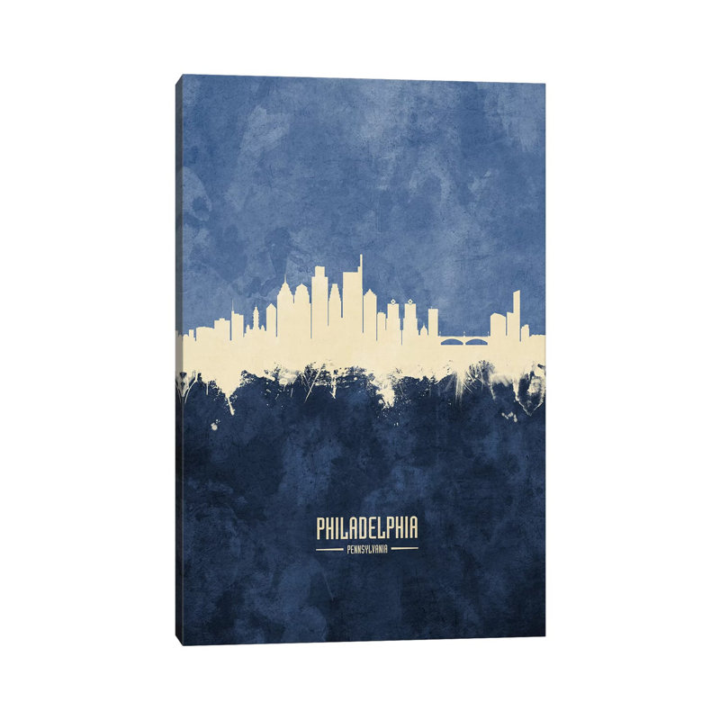 Philadelphia Pennsylvania Skyline Navy by Michael Tompsett - 1 Piece Wrapped Canvas Wall Art, 30.48 cm H x 45.72 cm W