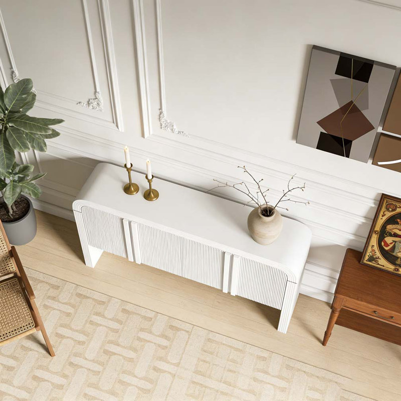 Console 63 pouces à motif de vagues avec 4 portes et tablette réglable, Blanc