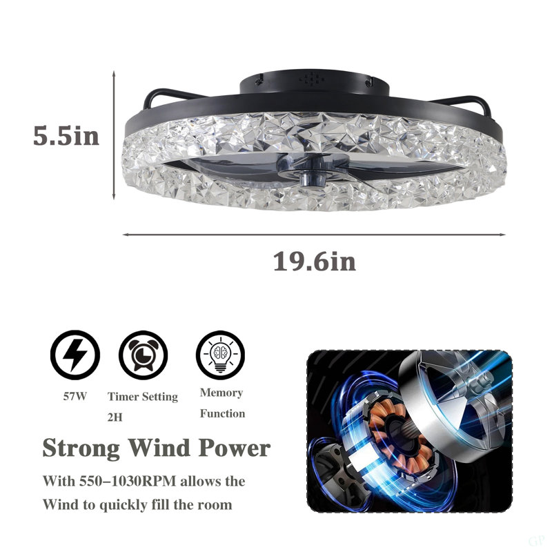 Ventilateur de chambre à coucher 19 po à cadre noir Iceberg avec télécommande, à intensité variable, 7 pales, moteur CC réversible, avec lumière DEL