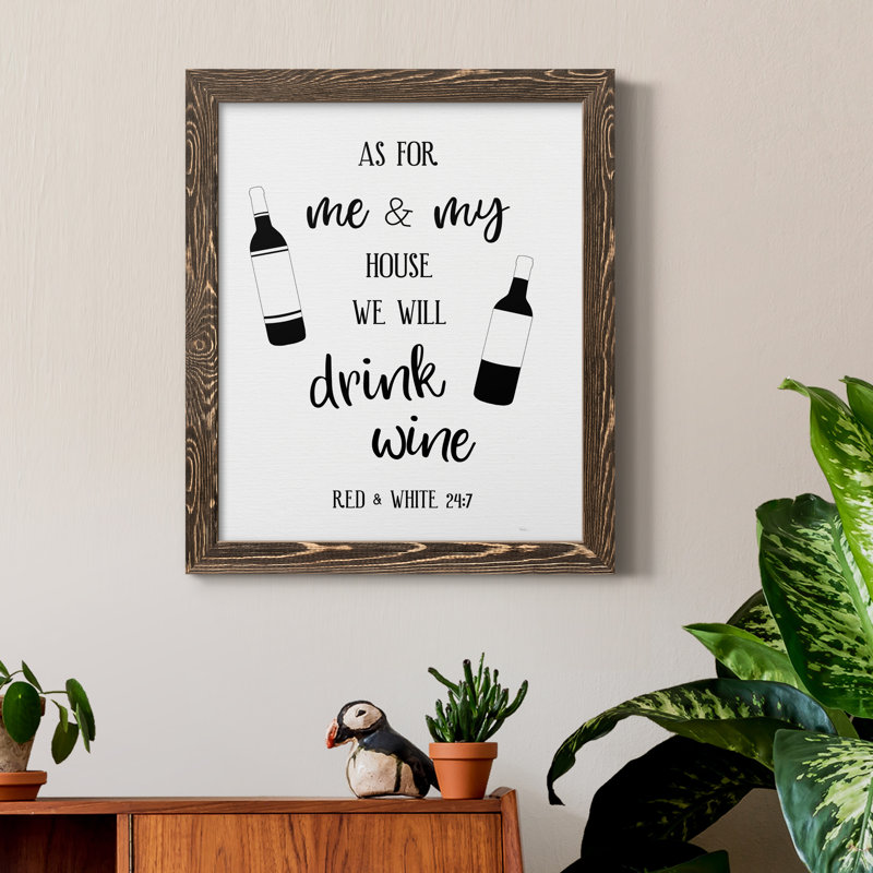 «Drink Wine», art textuel sur toile, H 20 po x l 17 po x P 1,5 po, Encadré de bois de noyer