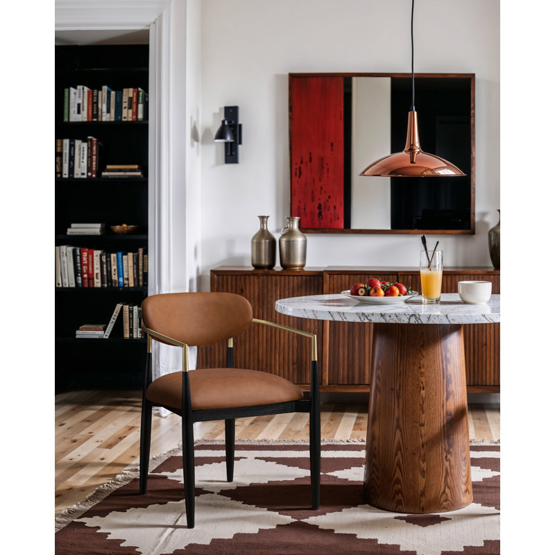 Eligah Vegan Leather Upholstered Dining Arm Chair, Stained Black / Brushed Brass, Cognac Vegan Leather