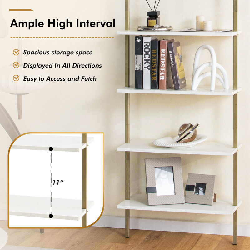 71''H X 23.6''W 5 Tier Ladder Bookcase, White/Gold