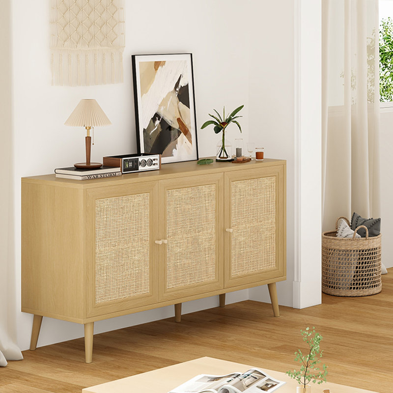 Sideboard Buffet Cabinet with 3 Rattan Doors,Modern Kitchen Storage Console Cabinet for Entryway Living Room (Small,Natural)