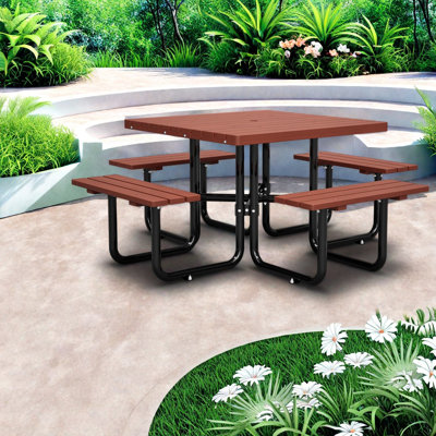 Spacious Patio Tables Set, Wood Steel Square Dining for Backyard Patio