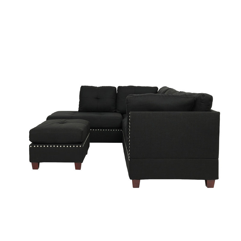 Reversible Polyfiber Sectional Sofa With Ottoman, Black, Black Polyfiber