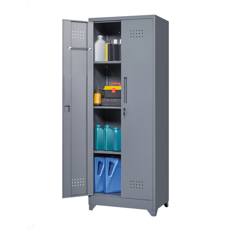 Broom Storage Cabinet With Locking Doors And Shelves, 65" H Metal Storage Cabinet With Hanging Rod & S-Hooks, Cleaning Tool Storage Cabinet Grey