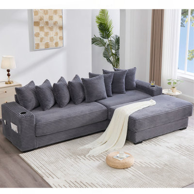 110.75" Modular L Shaped Sofa, Corduroy Fabric Sectional Couch,With A Movable Footstool, Cup Holders,Bring 8 Throw Pillows,Side Pocket,Unfold Into A Bed