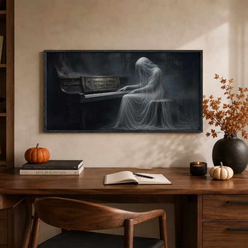 «Spectral figure jouer du piano dans une brume sombre», L 58 po x H 28 po