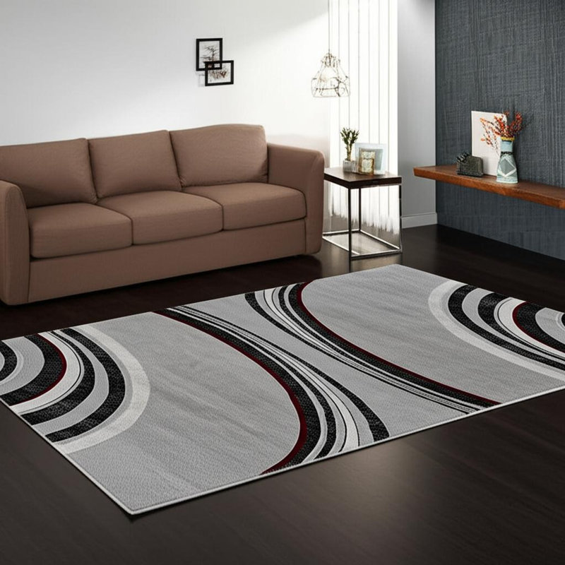 Tapis gris / noir à motif géométrique moderne, Rectangle 5 pi x 8 pi
