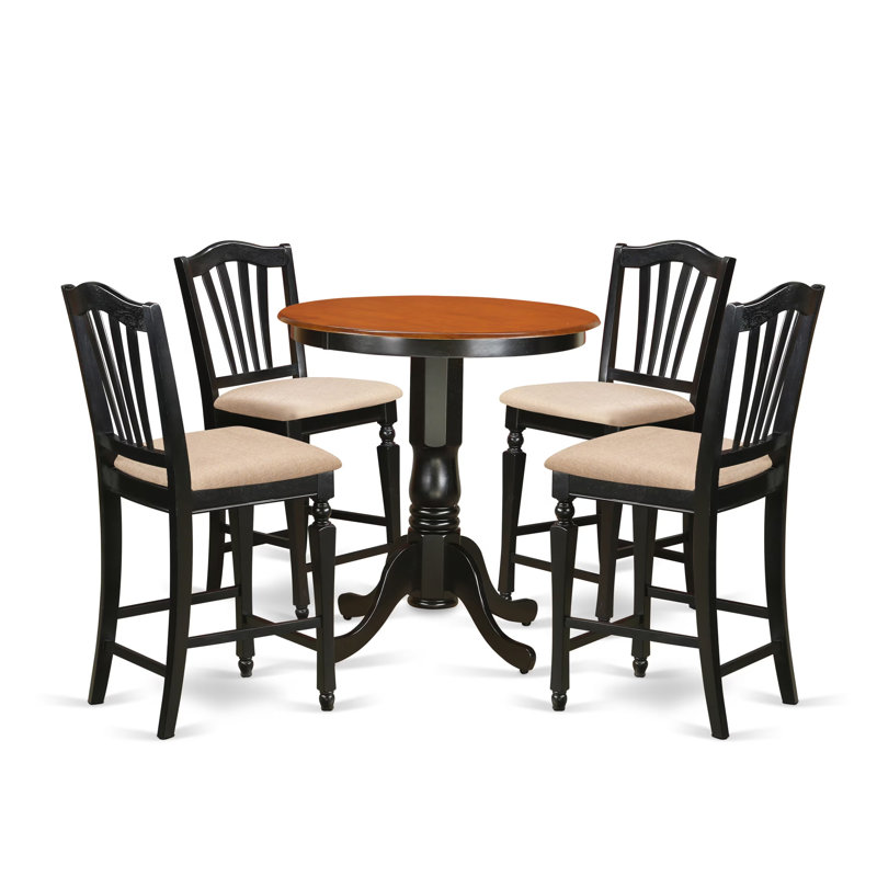 5 Piece Counter Height Dining Table Set Includes a Round Kitchen Table with Pedestal and 4 Linen Fabric Dining Room Chairs, Black & Cherry