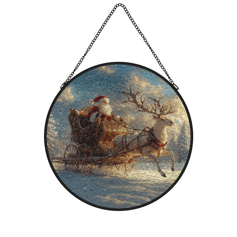 Panneau de vitrail Père Noël renne enneigée vitrail pour fenêtre, 6,3 x 6,3 po (16 x 16 cm)