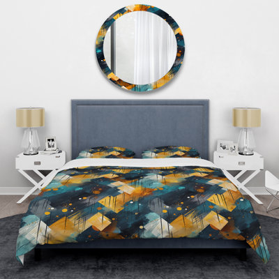 Ensemble de housse de couette géométrique beige et bleu à motif géométrique en microfibre