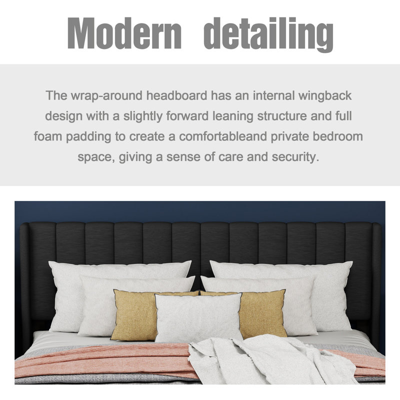 Upholstered Wingback Platform Bed, Black, King