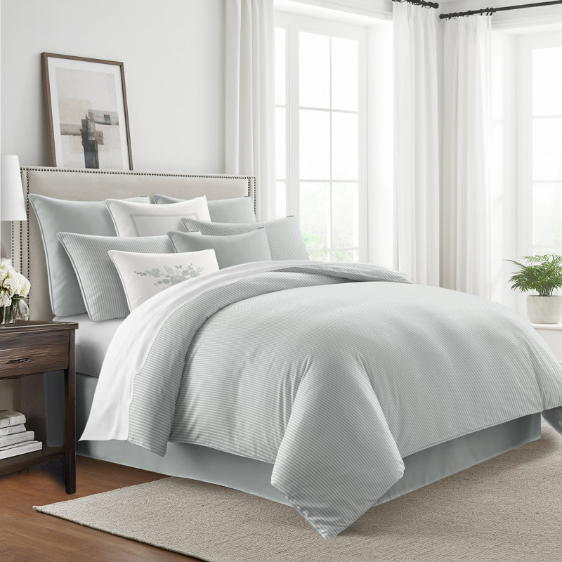 Ruben Stripe Reversible Cotton Duvet Cover Set, Sage, Cal.King Duvet Cover + 2 King Shams
