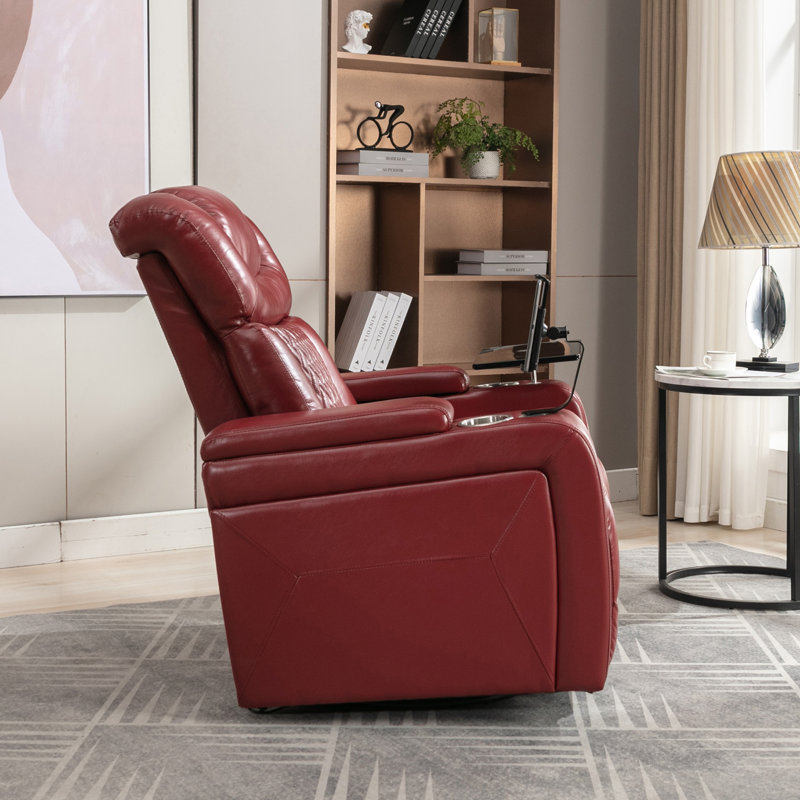 270 Degree Swivel PU Leather Power Recliner Individual Seat Home Theater Recliner With Tray Table, Red
