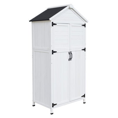 Rangement extérieur en bois de sapin blanc de 67 pouces de hauteur pour abri de jardin avec toit triangulaire et tondeuses à gazon