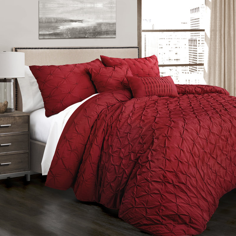 Ravello Microfiber Comforter Set, King Comforter + 2 King Shams + 2 Throw Pillows, Red