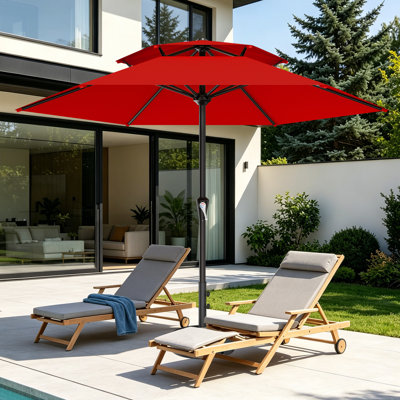 10FT All-Steel 2-Tier Patio Umbrella with Crank Lift System & 6 Heavy Duty Ribs Waterproof, Patio Table Umbrella Perfect for Poolside, Terrace, Beach and Outdoor Restaurant, Red