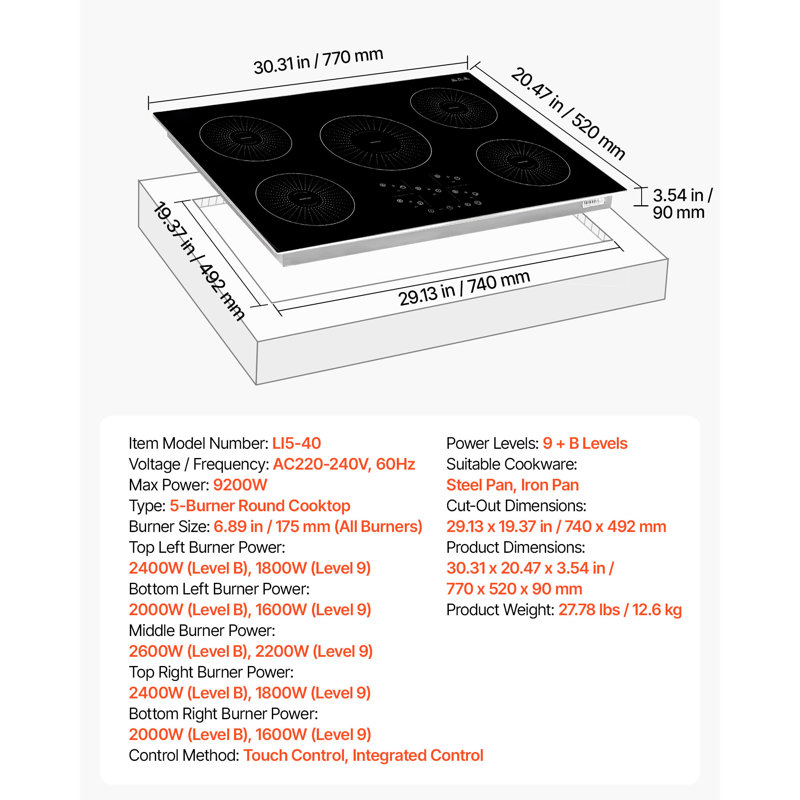 Plaque de cuisson à induction 30 po, 5 brûleurs, cuisinière électrique intégrée 220 V 9 200 W, brûleur à induction pour la cuisine, avec 9 niveaux de puissance, écran tactile à DEL, surface en vitrocéramique, verrou pour enfant