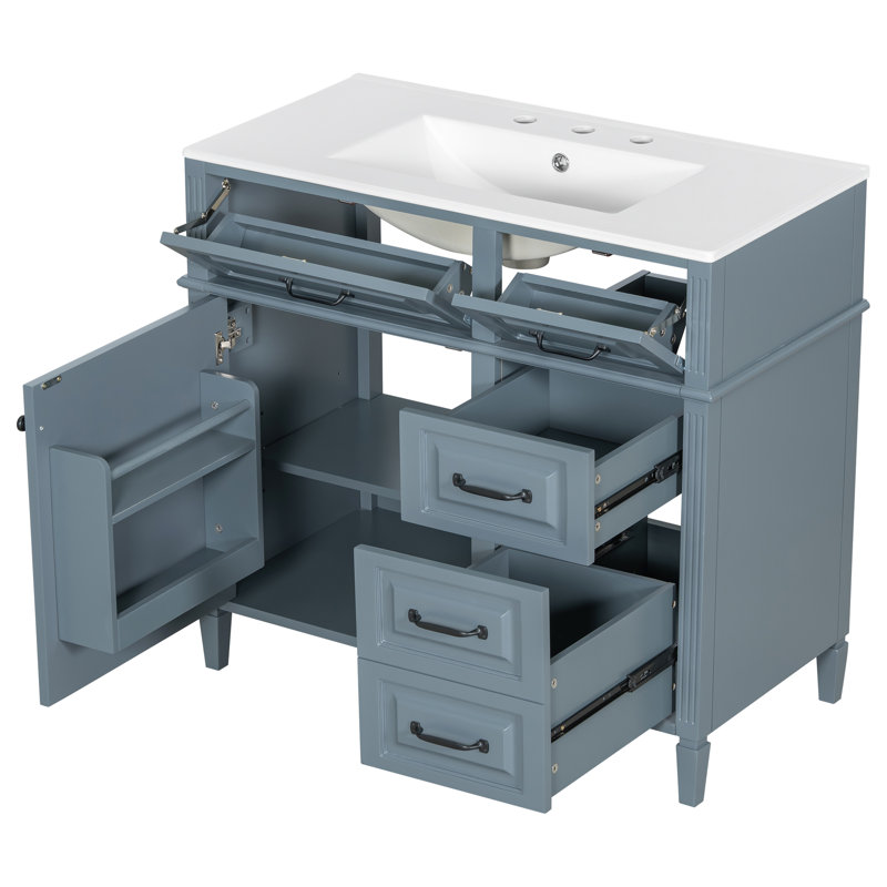 Coppera 36-Inch Freestanding Bathroom Vanity with Ceramic Sink Top and Solid Wood Frame, Blue Gray
