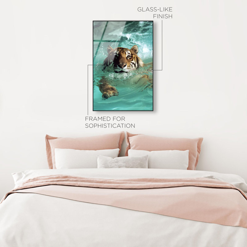 Oliver Gal Feline Pool Dip Animals - Framed Acrylic Glass Wall Art, 54" H x 36" W, Gold