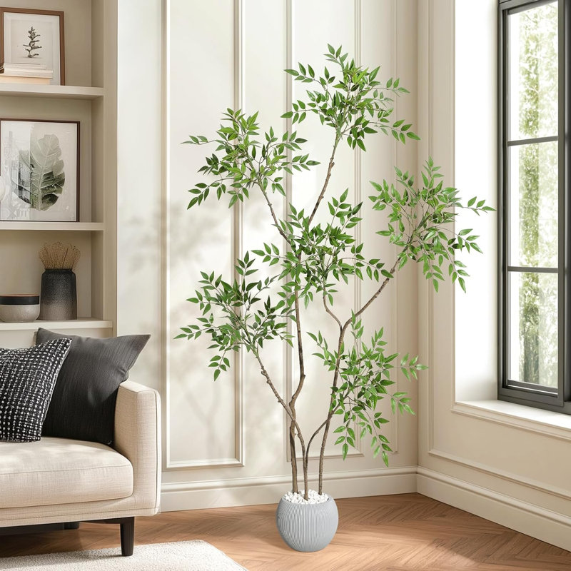 Nandina artificiel 5 pi avec jardinière sphérique, plante d'intérieur artificielle avec mousse et galets