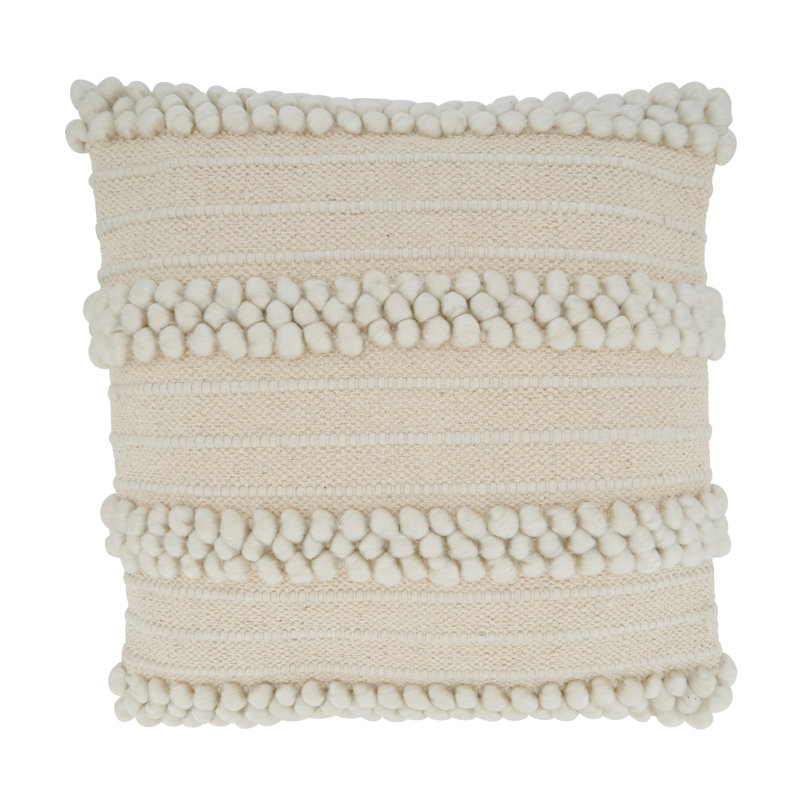 Ivory Pom Pom Striped Square Throw Pillow with Down Filling