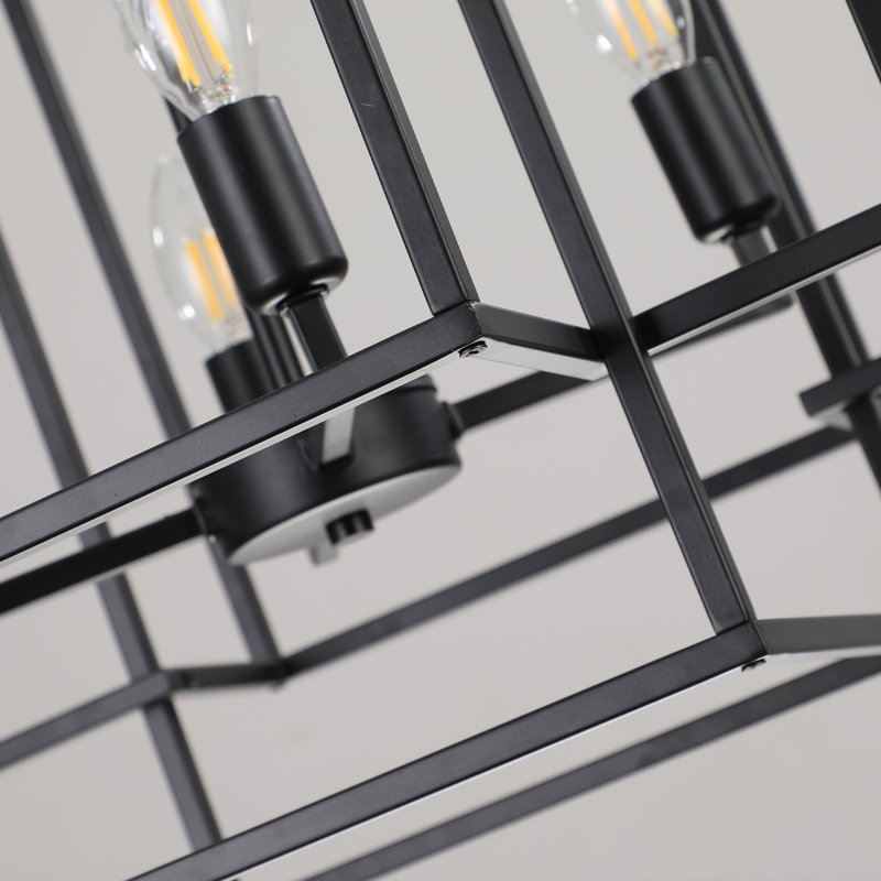 8-Light Black Geometric Cage Chandelier, Adjustable Height, Matte Black