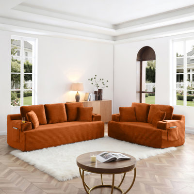 Boneless Sofa Couch With 2 Pillows Extra , Corduroy Fabric 5 Seater With Cup Holder & Side Pocket Upholstered Floor Easy Installation ,Orange