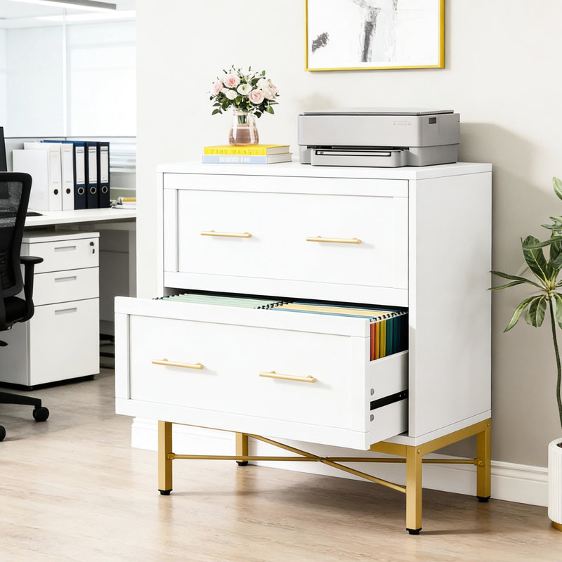 2 classeurs de bureau au design blanc épuré avec bordure dorée brillante, tiroirs extensibles pour un accès en profondeur, emplacement pour imprimante supérieure de 31,4 po x P 15,7 po, caractéristiques intégrées, configuration à deux tiroirs avec cadre en acier,
