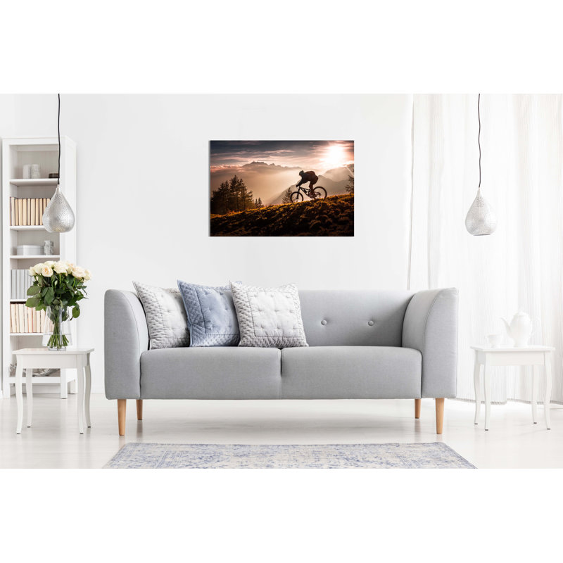 Biker Down The Hill Sunset - Wrapped Canvas Print, 61cm H x 91cm W