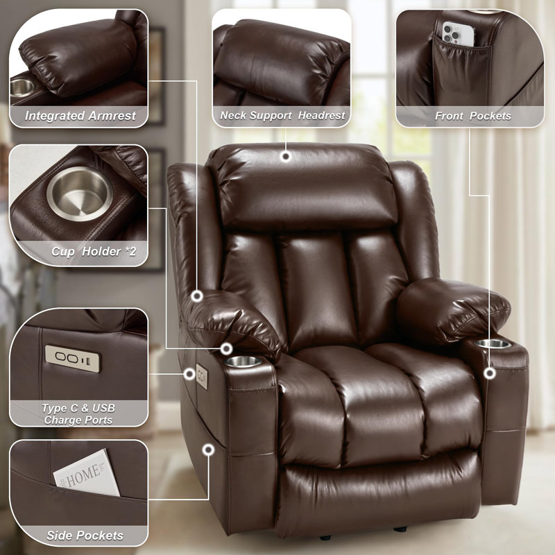 40'' Wide Heat Power Lift Recliner Leather Massage Sofa, Chair With Cup Holders, USB & Type-C Ports, Remote Control, Brown