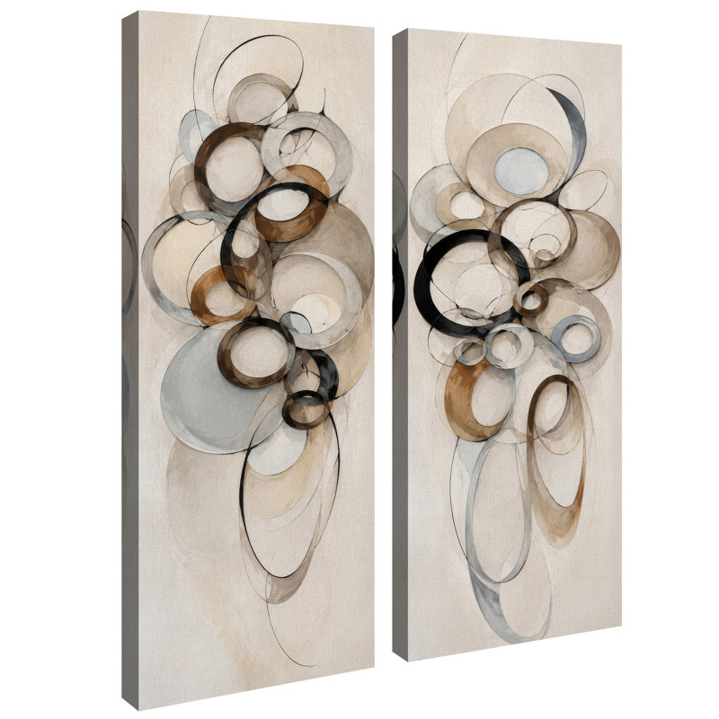 Ensemble de 2 impressions sur toile abstraites à cercles superposés beige neutre – 81 x 30 x 5 cm, H 32 po x l 12 po