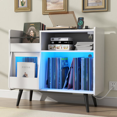 Large Record Player Stand, 350 Vinyl Record Storage Holder with Power Outlet and LED Light