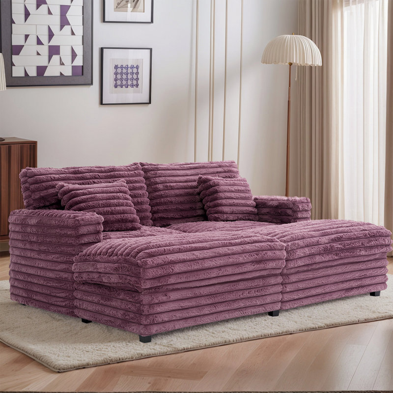 83.5" Plush Sofa Bed Chaise Lounge With Faux Rabbit Fur, USB Charging Ports, Cup Holders & Lumbar Pillows - Cozy Sleeper Couch