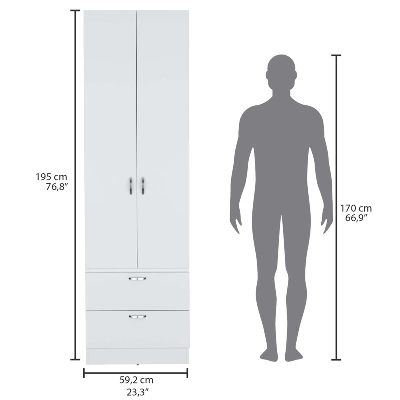 Armoire-penderie 76 po avec 2 tiroirs, Blanc