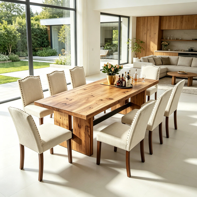 8-Seater Rectangular Solid Wood Dining Table Set with Padded, Studded Dining Chairs, 29.53" H x 94.49" W x 35.43" D