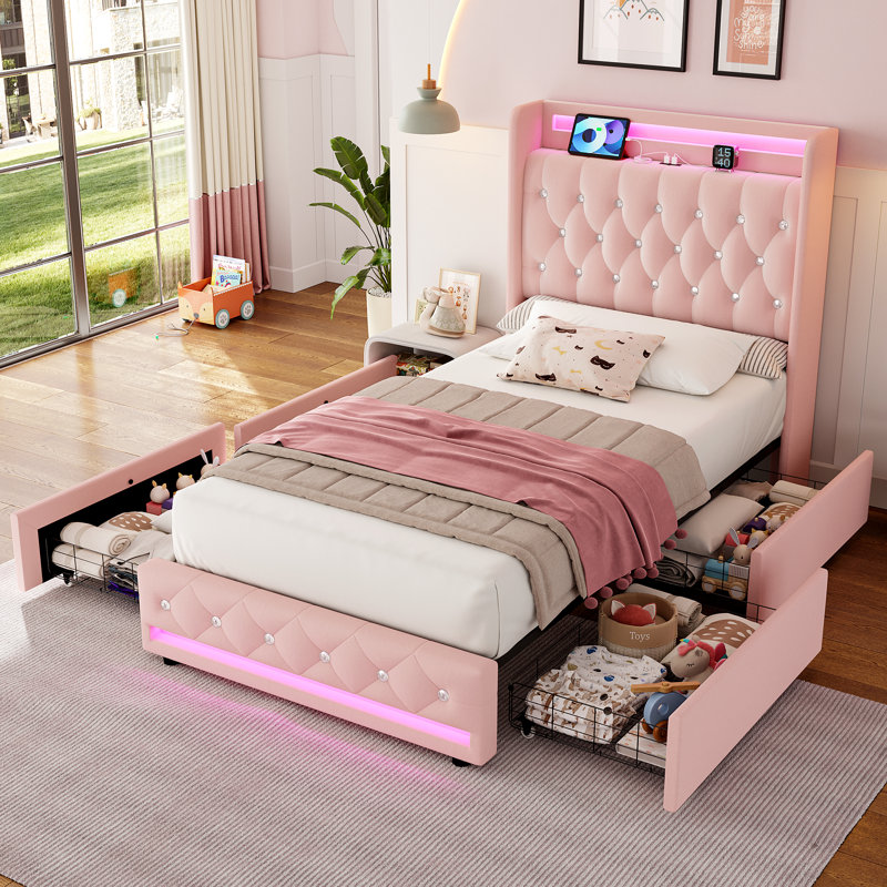 Upholstered Storage Kids Bed With LED Lights And 4 Drawers