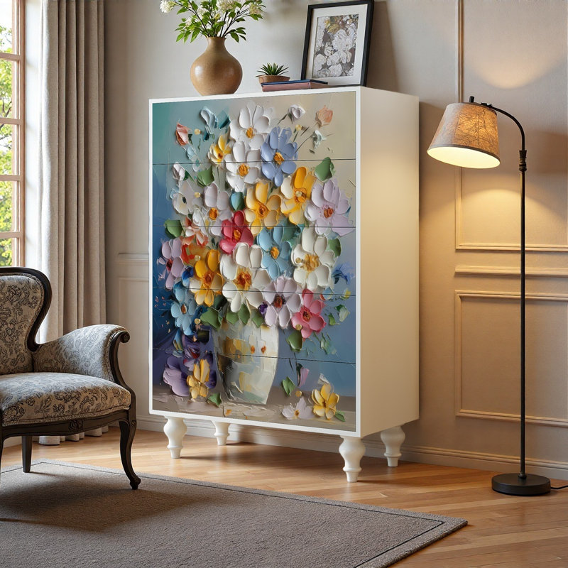 Commode de rangement décorative en bois massif avec 5 tiroirs