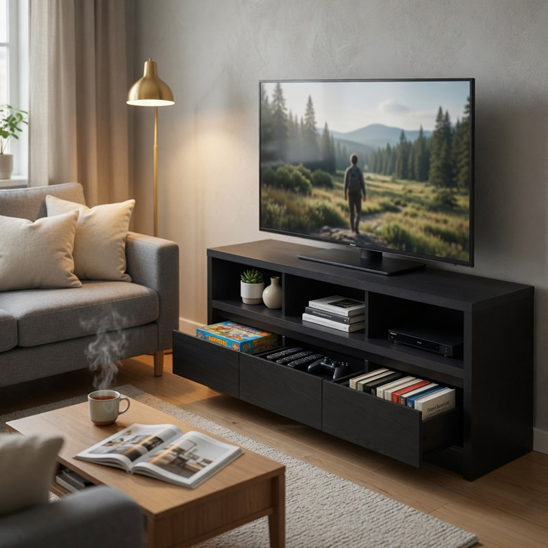 Meuble télé avec 3 tiroirs, tablettes ouvertes, bois noir Rutvy, H 22 po x l 59 po x P 15,5 po