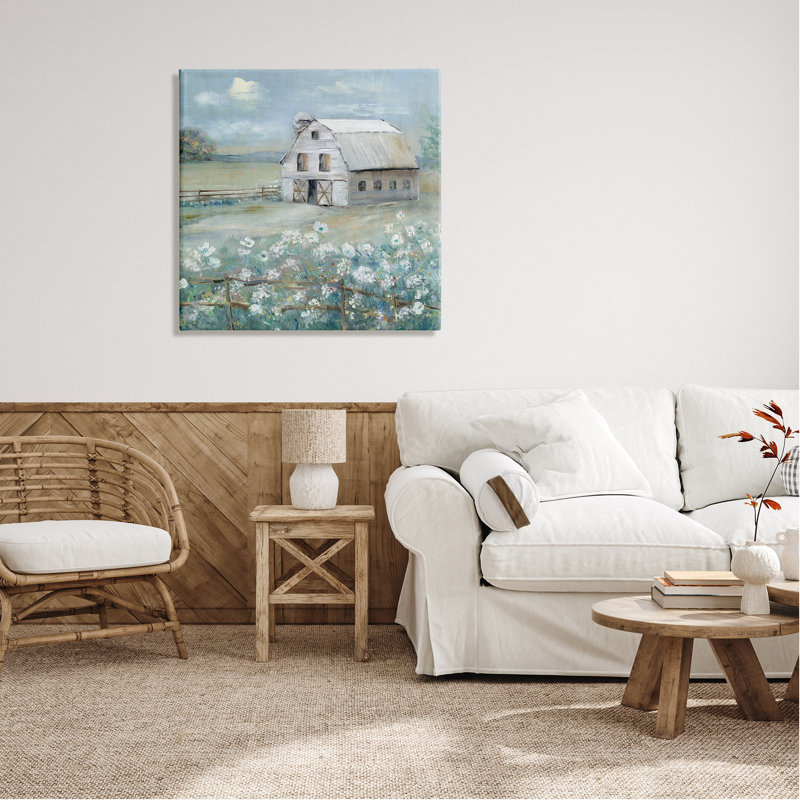 Grange dans un pré floral par Sally Swatland, H 30 po x l 30 po x P 1,5 po
