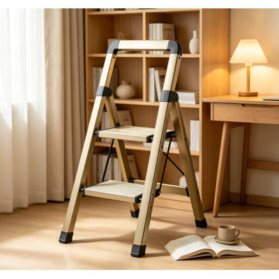 Folding Step Ladder for Adults, Anti-Slip Aluminum Step Stool with Wide Pedals, Lightweight Portable Stepladder for Kitchen, Home, Office, Champagne Gold Finish