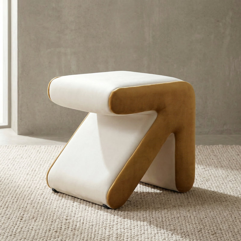 Modern Geometric Velvet Vanity Stool with Soft Padding and Sturdy Frame - Accent Ottoman, Beige/White